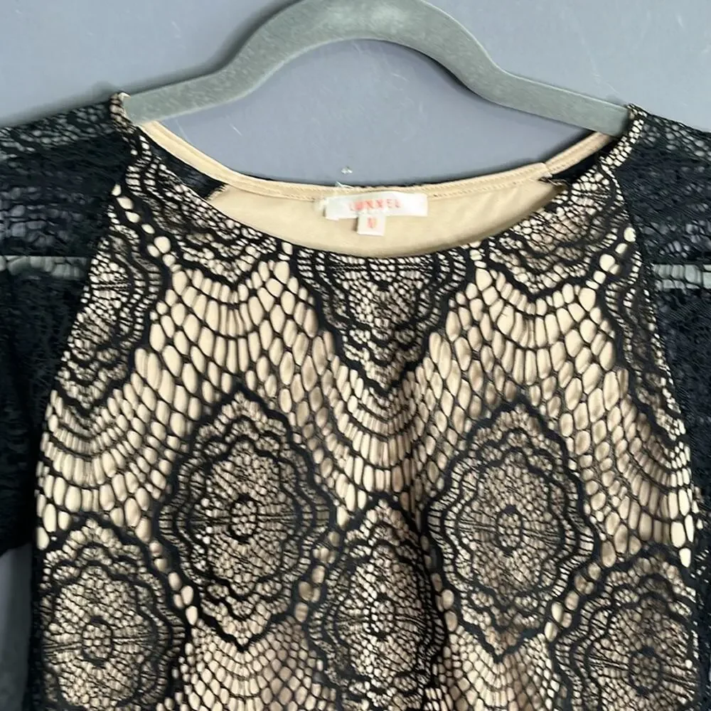 Luxxel Black Lace Cropped Top With Nude Lining Long Sleeves Medium